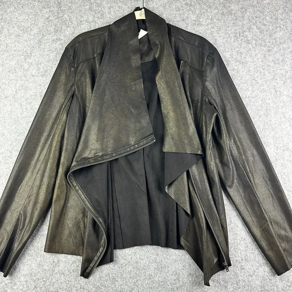 Mote Anthropologie Jacket Women XL Black Gold Foil Faux Leather Moto Lightweight